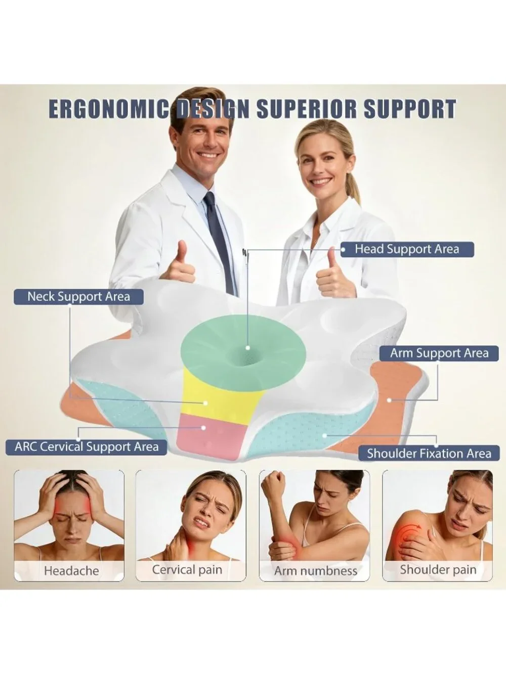 〽️Cervical Neck Pillow Ergonomic Contour Memory Foam Cooling White Silk Cover